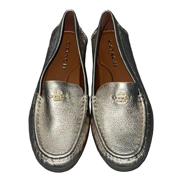 Coach Metallic Gold Leather Marley Driving Loafers Size 7 Slip On New - Picture 1 of 7